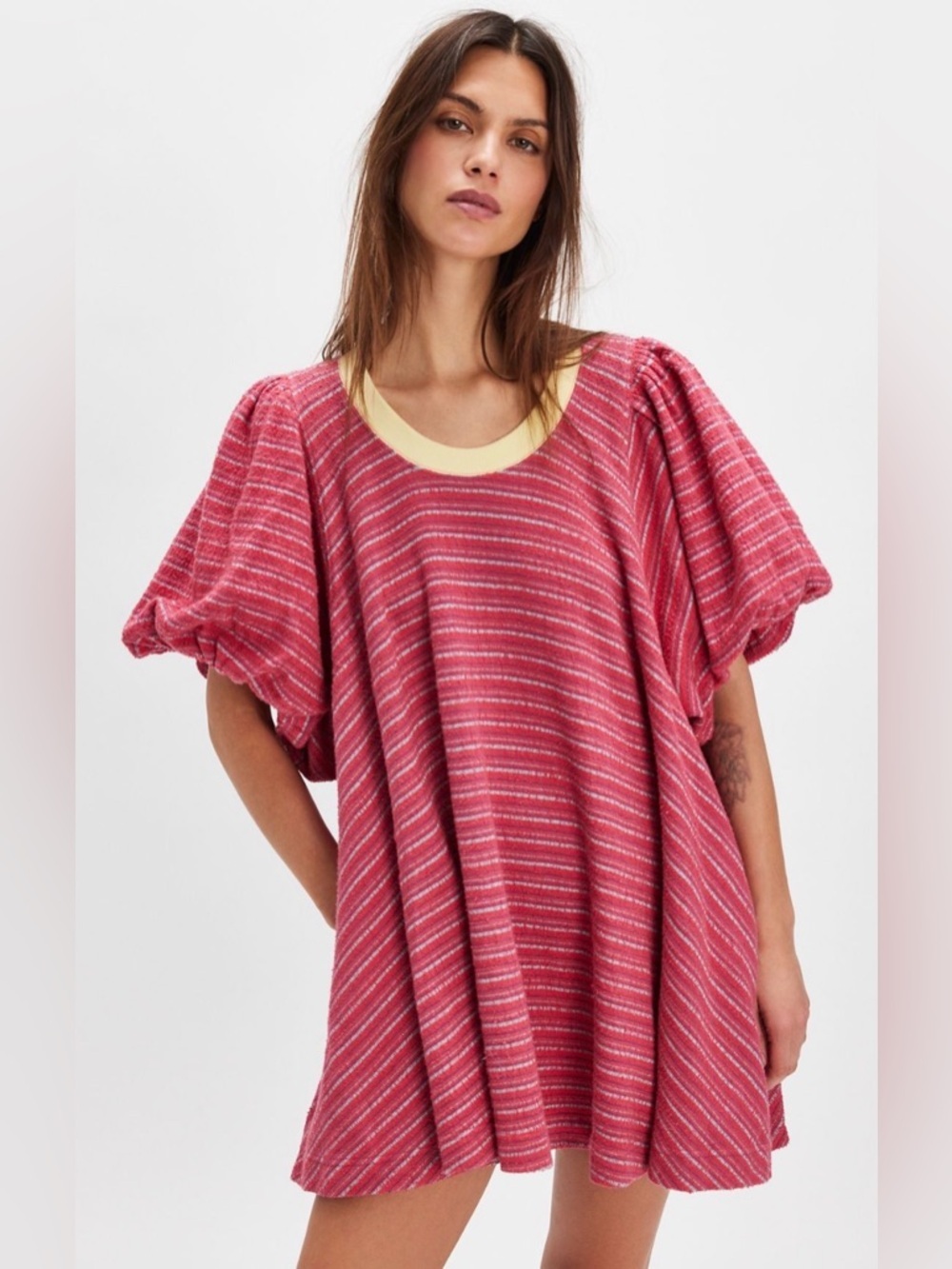 Free People Hudson pulls Pink Striped Puff Sleeve Mini Dress with yellowNeckline